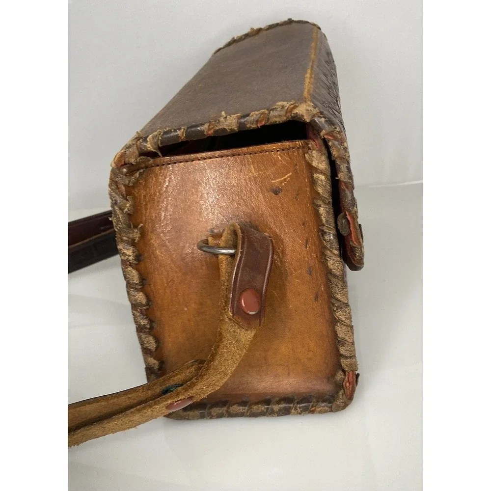 Vintage Handmade Tooled Brown Leather Handbag Shoulder Strap Purse